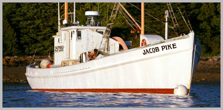 The Jacob Pike at anchor in Rockport Harbor, Maine