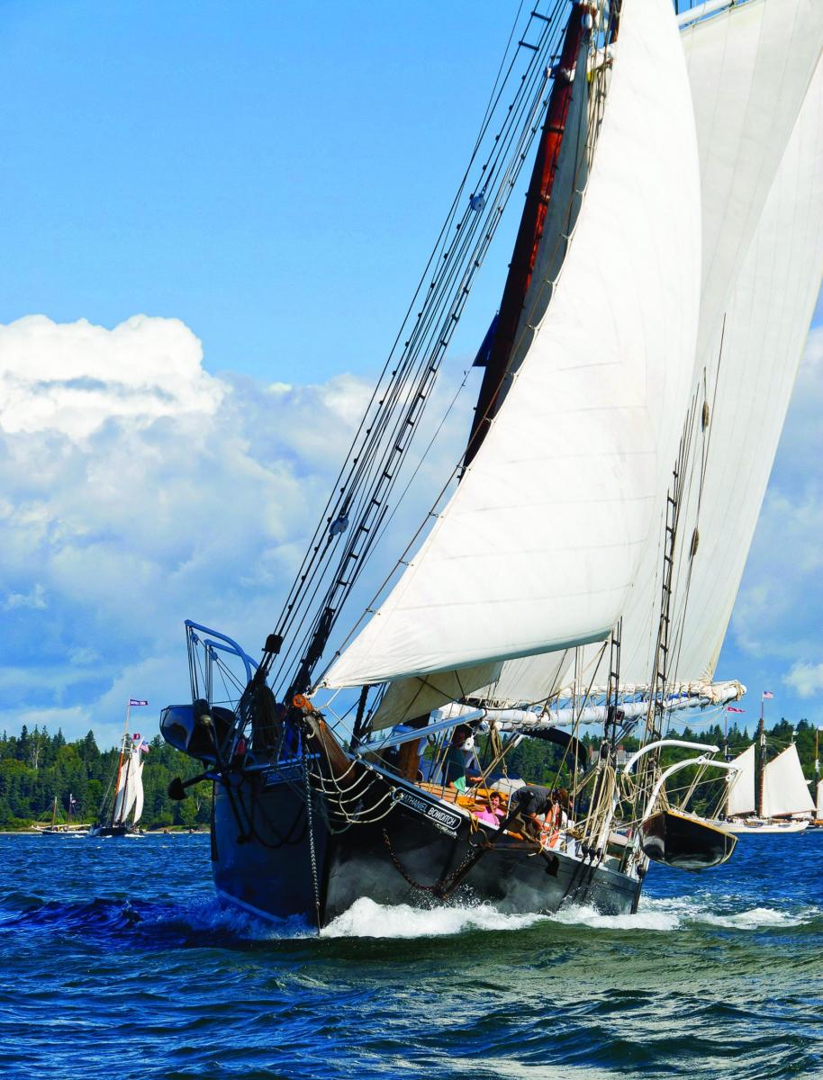 The schooner Nathaniel Bowditch shows her yacht pedigree sailing to windward during a schooner race. This year’s race featured 14 schooners, and was won by the Stephen Taber, a 68-footer built in 1871.