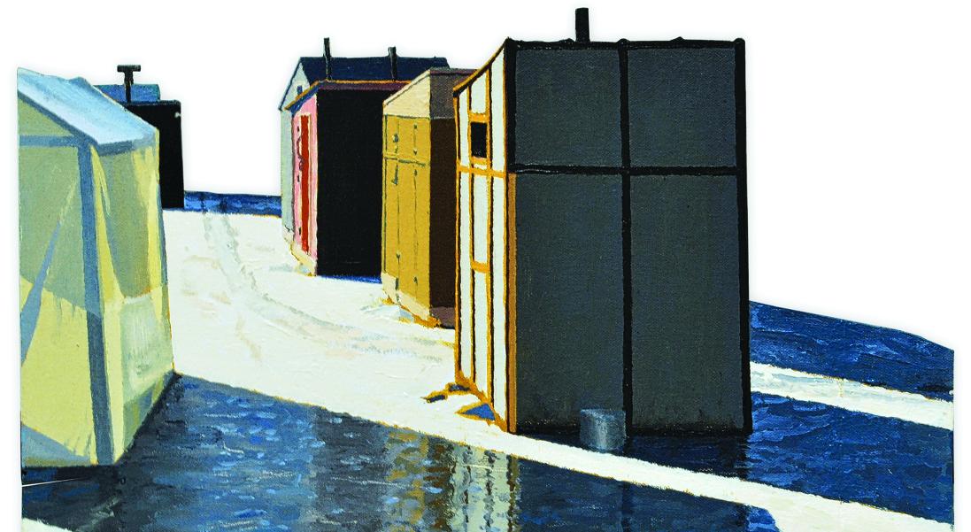 7 Smelt Shacks, St. George River by Sam Cady, oil on cutout canvas mounted on stainless steel, 9"x16", 2009, private collection