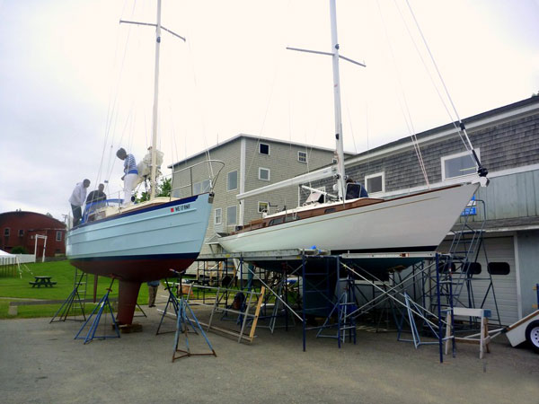 Two boats launch in Belfast, Maine